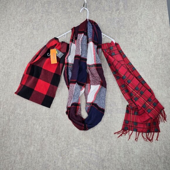 Womens Scarf Bundle Fleece & Woven Plaid Red/Black/Green Multi Pre-Owned - Picture 1 of 7